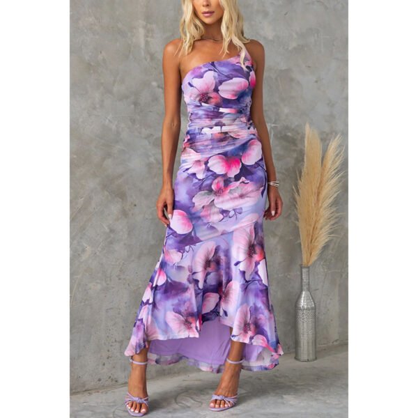 Flowers Print One-shoulder Dress Summer INS Casual Suspender Long Dresses Womens Clothing – Image 6