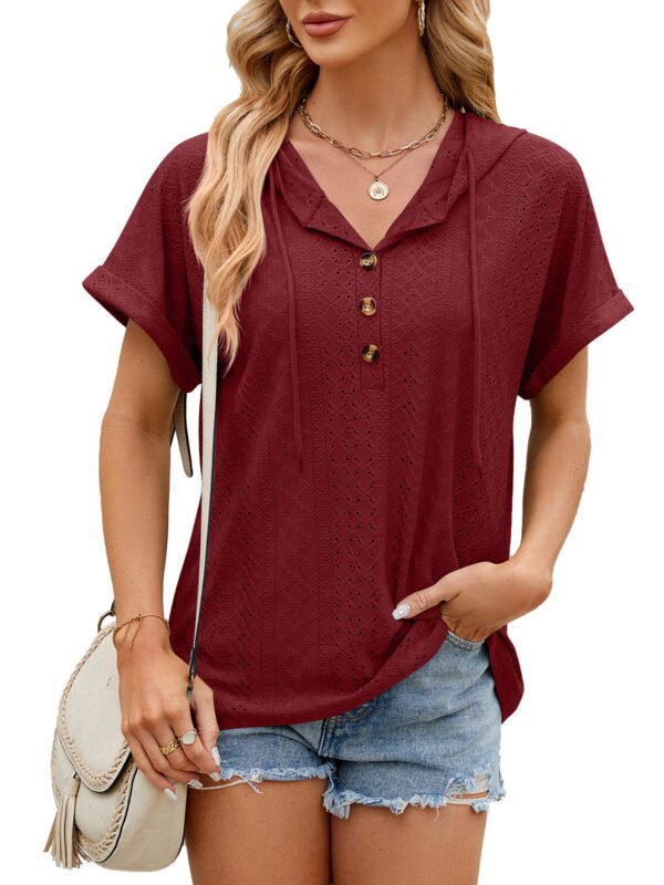 New Solid Color Hooded Button T-shirt Loose Hollow Design Short-sleeved Top For Womens Clothing – Image 5