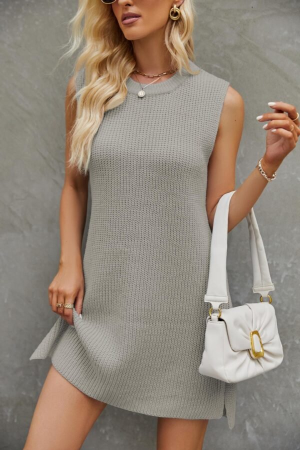 Round Neck Sleeveless Dress Summer Fashion Commuting Solid Color Slit Design Dress For Womens Clothing – Image 9