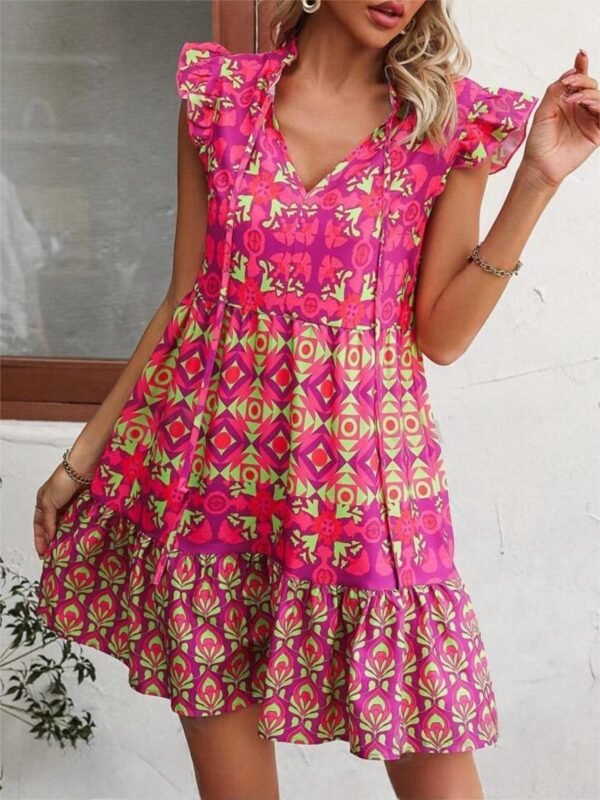 Printed Sleeveless Dress Summer Fashion V-Neck Lace-up Straight Dresses For Womens Clothing – Image 5
