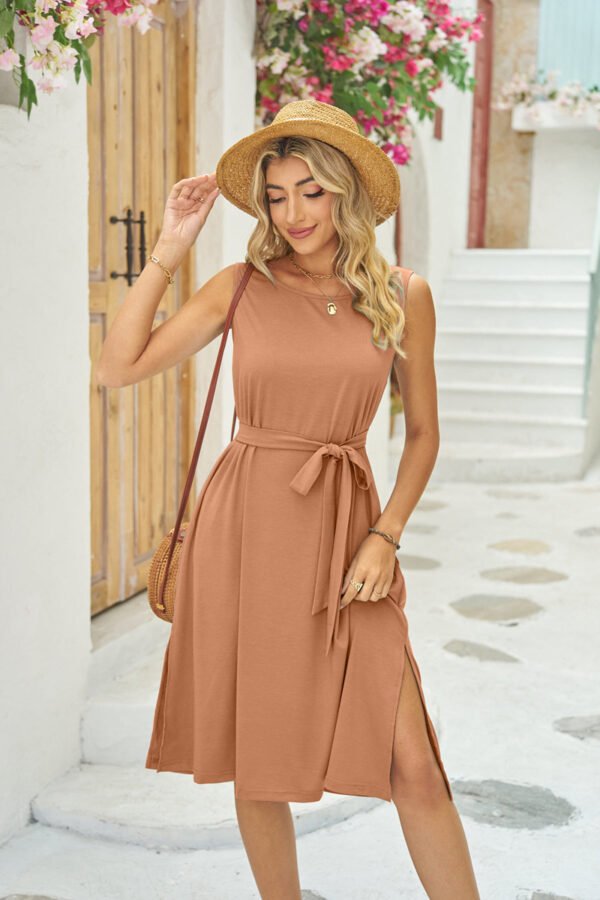 Summer Sleeveless Dress With Pockets Waist Lace-up Slits Dresses Fashion Womens Clothing – Image 6