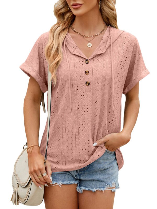 New Solid Color Hooded Button T-shirt Loose Hollow Design Short-sleeved Top For Womens Clothing – Image 10