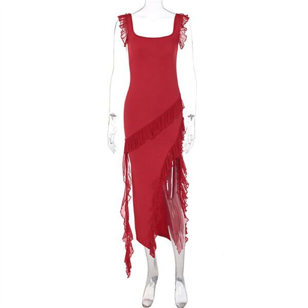 Ruffle Thigh High Split Dress Women Sexy Spaghetti Strap Square Neck Backless Suspender Dresses For Evening Praty Clothing – Image 4