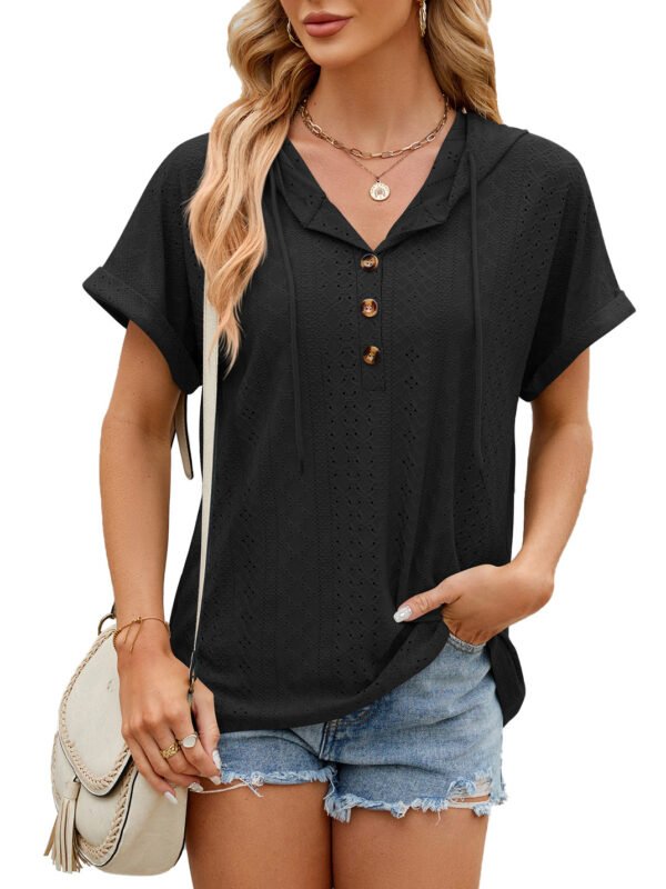 New Solid Color Hooded Button T-shirt Loose Hollow Design Short-sleeved Top For Womens Clothing – Image 4