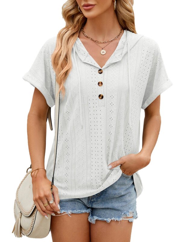 New Solid Color Hooded Button T-shirt Loose Hollow Design Short-sleeved Top For Womens Clothing – Image 9