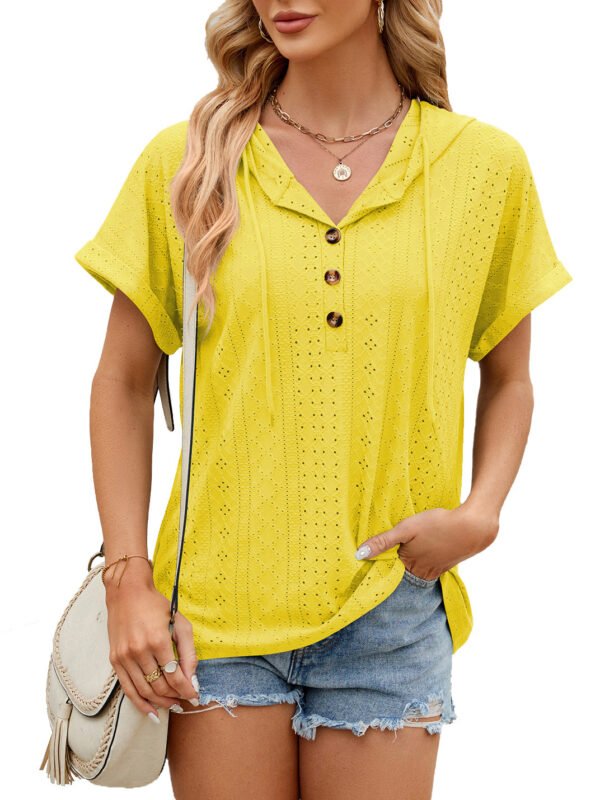New Solid Color Hooded Button T-shirt Loose Hollow Design Short-sleeved Top For Womens Clothing – Image 8