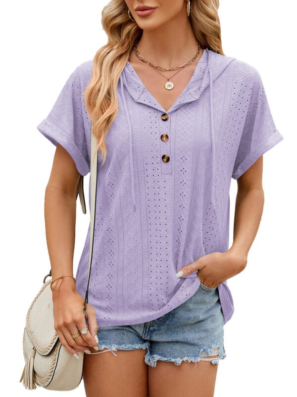 New Solid Color Hooded Button T-shirt Loose Hollow Design Short-sleeved Top For Womens Clothing – Image 7
