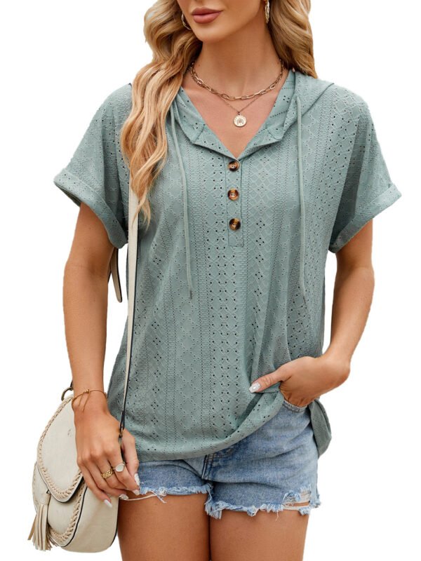 New Solid Color Hooded Button T-shirt Loose Hollow Design Short-sleeved Top For Womens Clothing – Image 6