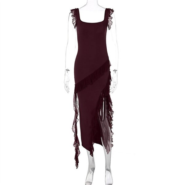 Ruffle Thigh High Split Dress Women Sexy Spaghetti Strap Square Neck Backless Suspender Dresses For Evening Praty Clothing – Image 2