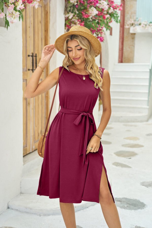 Summer Sleeveless Dress With Pockets Waist Lace-up Slits Dresses Fashion Womens Clothing – Image 7