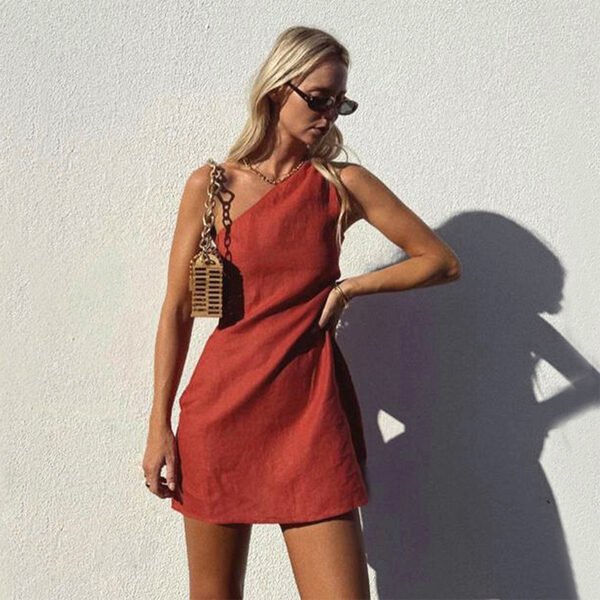 Cotton And Linen Women's Sleeveless Short Skirt Zipper Shoulder – Image 6
