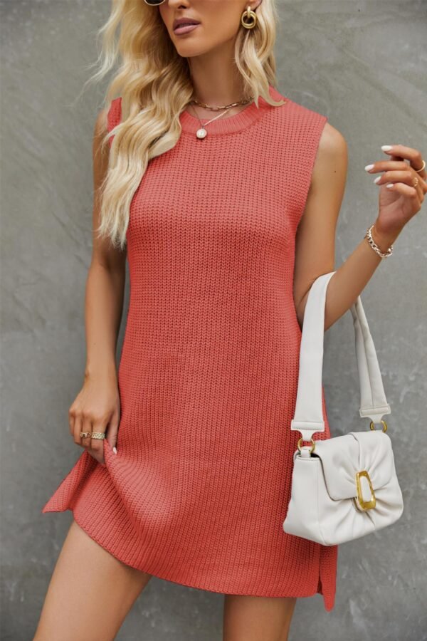 Round Neck Sleeveless Dress Summer Fashion Commuting Solid Color Slit Design Dress For Womens Clothing – Image 5