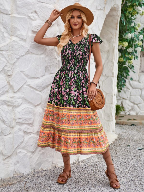 New Flowers Print V-neck Dress Summer Casual Ruffle Sleeveless Dresses Bohemian Holiday Beach Dress For Womens Clothing – Image 2